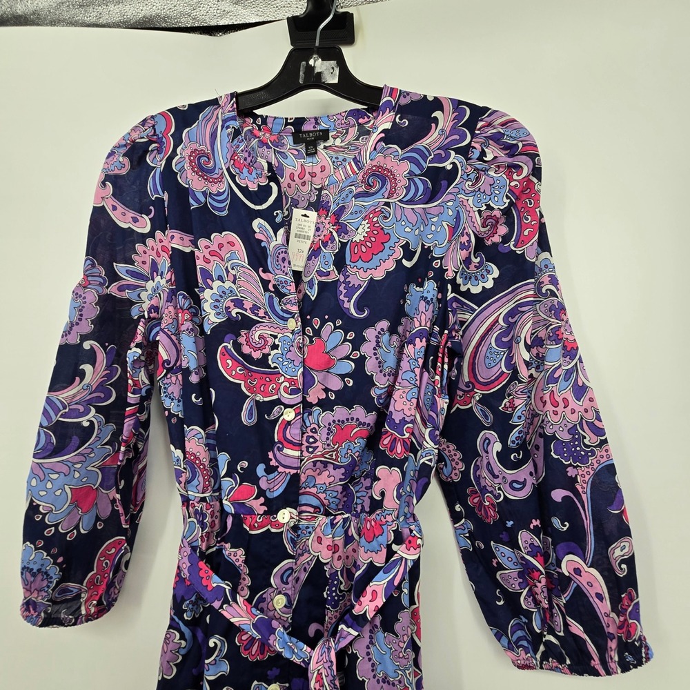 Talbots NEW Paisley Floral Shirt Dress Women 12P Blue Pink Cotton Belted Pockets - Picture 11 of 12